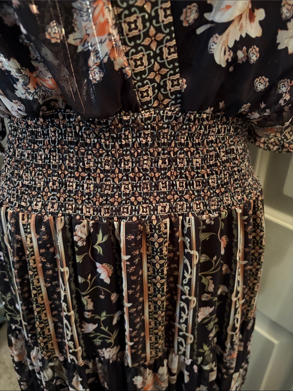Black Boho Floral Maxi Dress with Smocked Waist and V-Neck - Picture 5 of 9